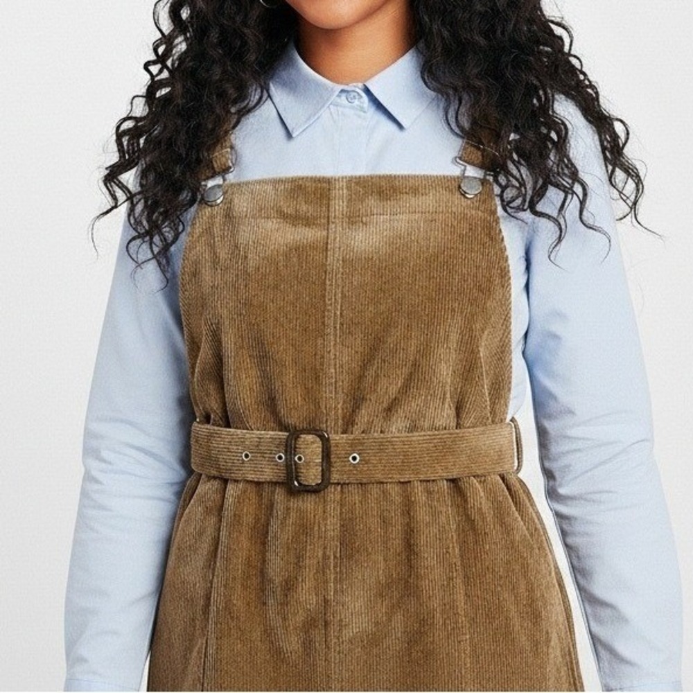 Missguided Brown Corduroy Pinafore Dress‎ with Belt Buckle Straps Size US 10
